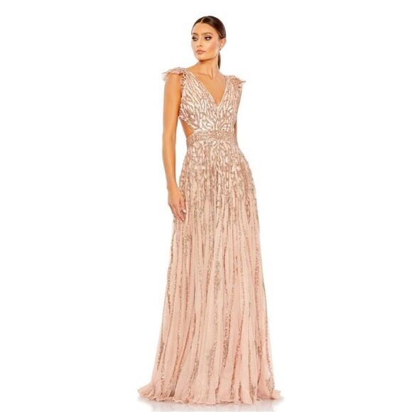 Mac Duggal Sequined Flutter Cap Sleeve Cut out A line Gown size 12 Apricot NWT - Picture 1 of 11